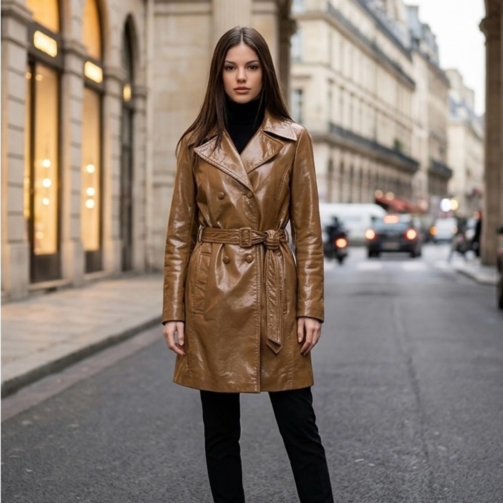 Vintage brown/olive tone Leather Trench Coat with Belt! Georgeous! Priced to go!